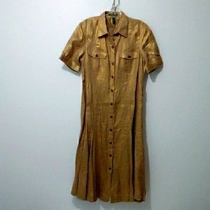 Lauren Ralph Lauren gold button down flared skirt shirt dress size 12